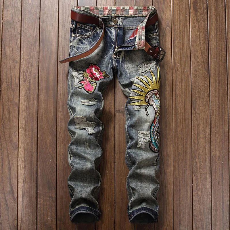 Fiore degli uomini di Disegno Cobra Patch Ricamati Jeans Uomo Casual  Modello Del Serpente Foro Etero Fit Denim Dell'annata Jeans 803  #|embroidered jeans mens|designer jeans menjeans design men - AliExpress