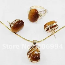 Ювелирных изделий натуральный камень тигровый глаз кулон ожерелья серьги кольцо набор#04 Модный Ювелирный Набор