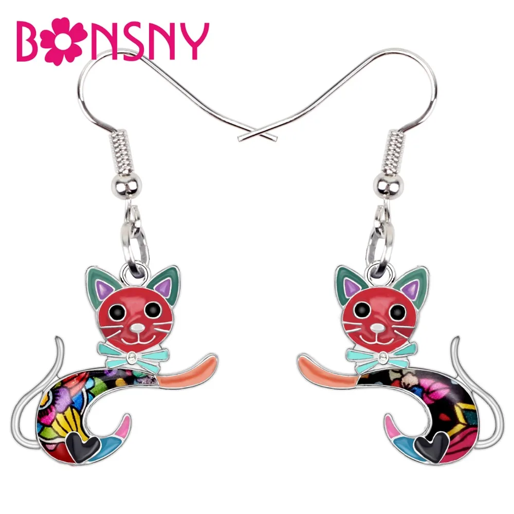 Женские серьги с эмалью Bonsny длинные серьги-кошечки в виде мультяшного котенка