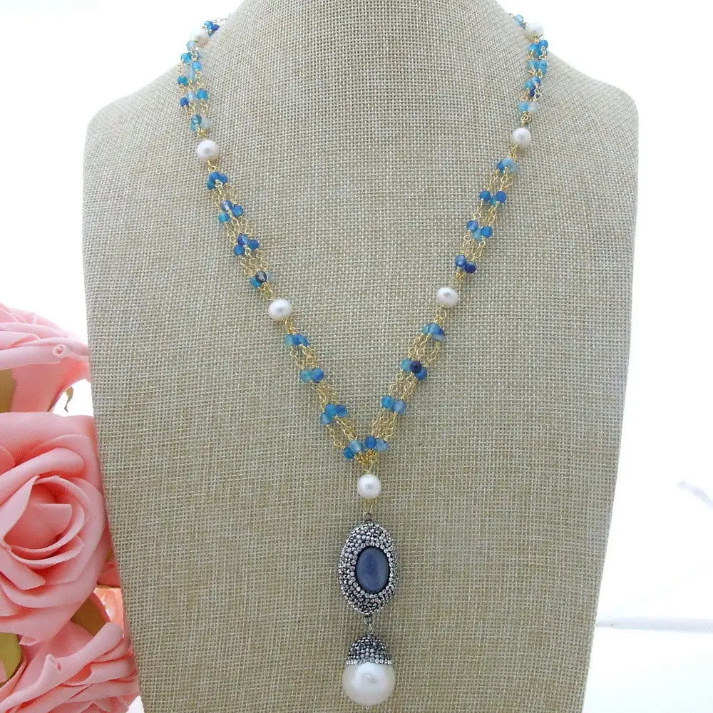 

AB012409 24" 3 Strands White Pearl Stone Necklace Kyanite Pearl Pendant