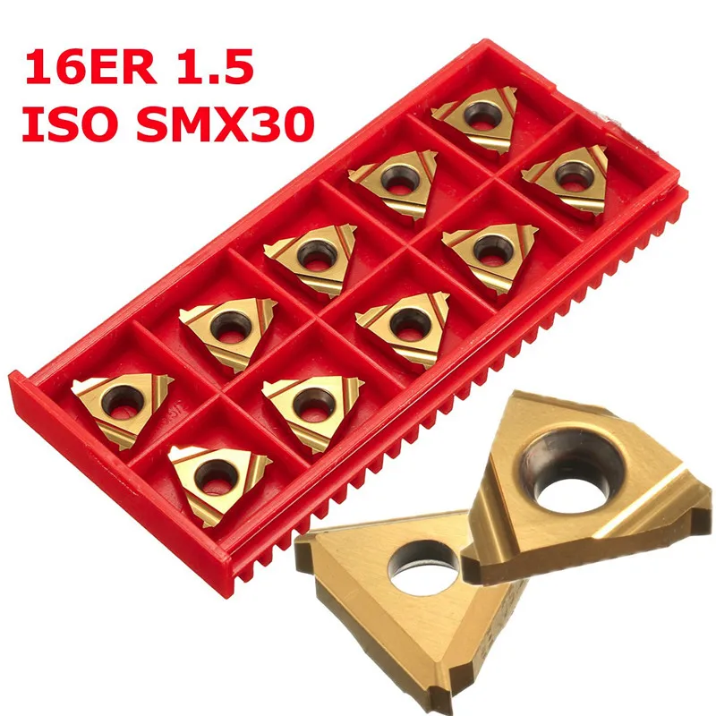 

10Pcs/Box 16ER 1.5 ISO SMX30 Carbide Alloy Gold Lathe Tool Threading Insert Blades Carbide Durable Quality