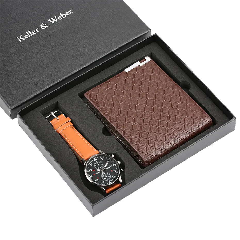 

Relogio Watches Men Simple Design Men Watch Leather Band Quartz Wrist Watch Wallet Gift Set Clock for Boy Boyfriend Watch Box