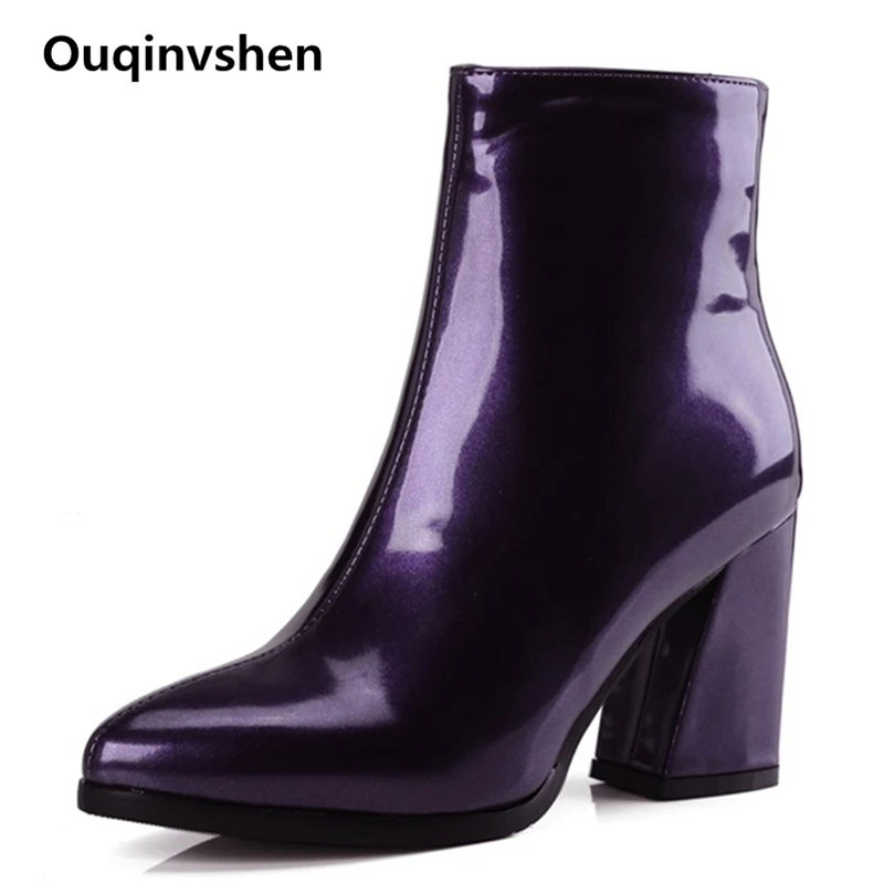 

Ouqinvshen 2018 New Sewing Fashion Purple Boots Thick Heels Party Zipper Winter Boots Women Pointed Toe Sexy High Heels Boots