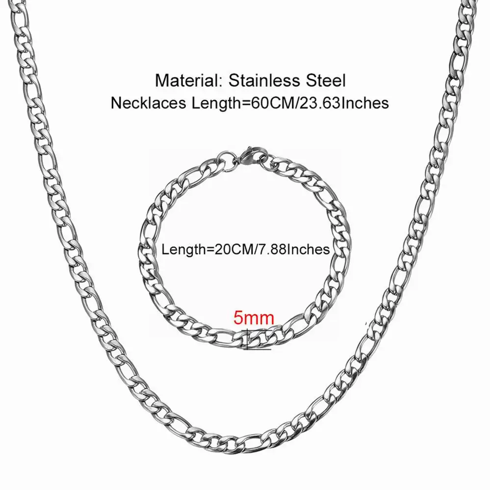 Панк стиль Figaro звено цепи нержавеющая сталь Золото Серебро Цвет браслет ожерелье наборы для мужчин подарок модные ювелирные наборы - Окраска металла: Silver Width 5mm
