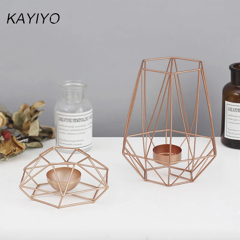 L142-KAYIYO Rose Gold Metal Candle Holders Dinner Table Desk Props Furniture Romantic Candlestick Geometric lines Iron Art Creative Decorations (10)