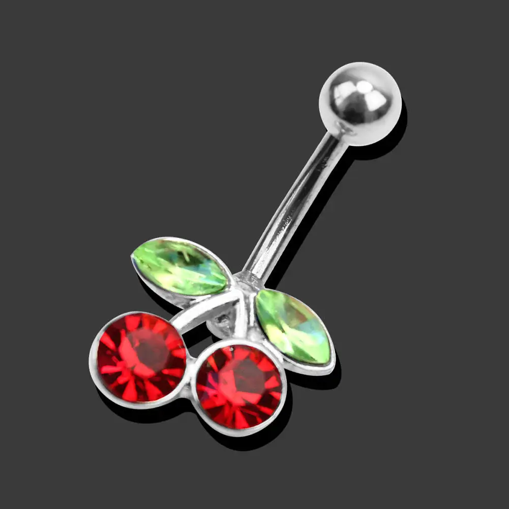Belly Ring Navel Button Rhinestone Double Leaf Cherry Barbell Bar Body