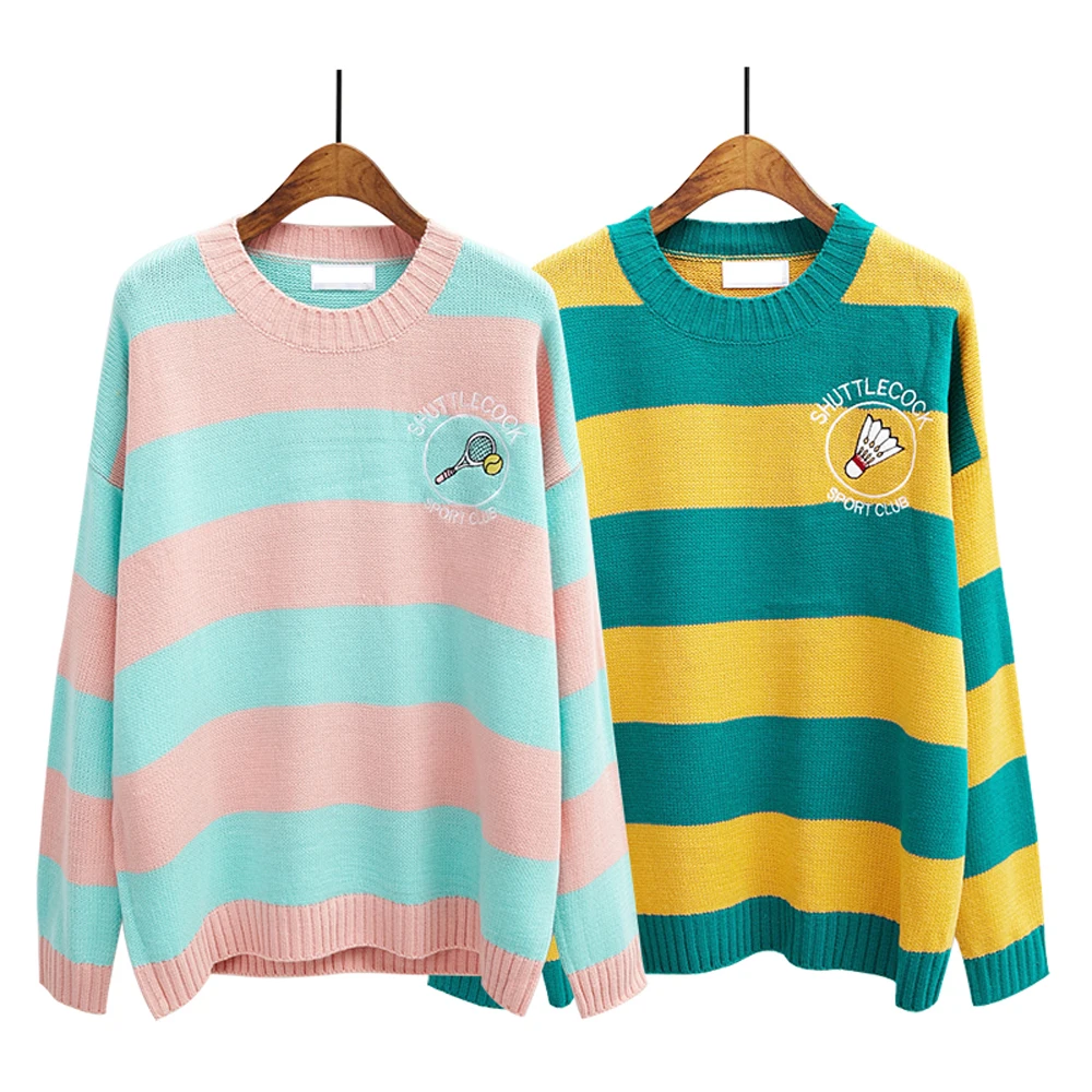 Harajuku women sweater 2018 korean new winter knitted sweaters cartoon embroidery candy-colored stripes loose pullover jumpers Harajuku women sweater 2018 korean new winter knitted sweaters cartoon embroidery candy-colored stripes loose pullover jumpers