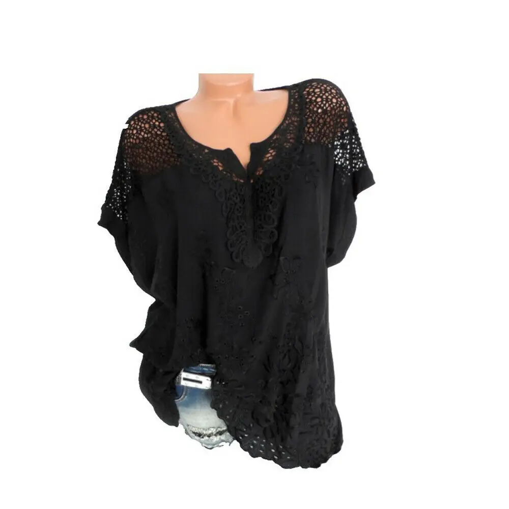 النساء الخامس الرقبة قصيرة الأكمام الجوف خارج فضفاض الصلبة بلوزة الصيف عطلة عارضة قمم قميص زائد حجم النساء الخامس الرقبة قصيرة الأكمام الجوف خارج فضفاض الصلبة بلوزة الصيف عطلة عارضة قمم قميص زائد حجم