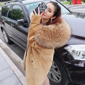

Women's Fashion Long Corduroy Winter Faux Fur Liner Parkas Jackets Female Oversize Large Natural Real Raccoon Fur Collar Coats