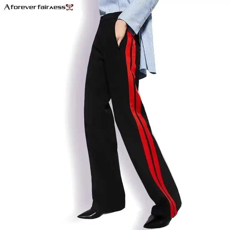 womens black pants with red stripe