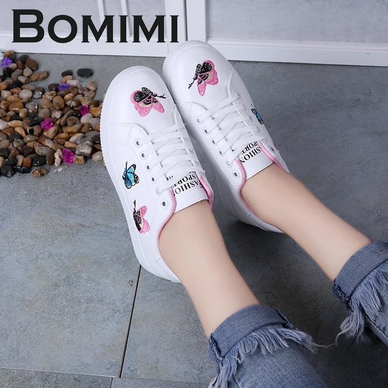 

BOMIMI Women Vulcanized Shoes Butterfly Solid Color Women Canvas Shoes Lace-up Casual White Ladies Shoes Women Sneakers
