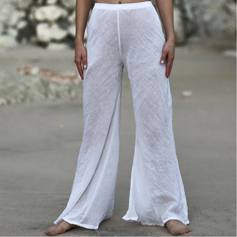 2019 Women Cotton Blend Pants & Capris See Through Loose Soft Wide Leg Pants Hippie Baggy Solid Color Long Trousers 3Colors 2019 Women Cotton Blend Pants & Capris See Through Loose Soft Wide Leg Pants Hippie Baggy Solid Color Long Trousers 3Colors