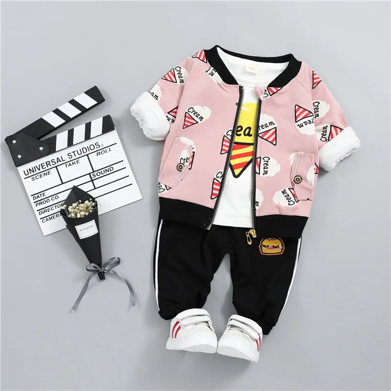 Комплект одежды для маленьких мальчиков и девочек; спортивный костюм с рисунком мороженого; Детские весенне-Осенние костюмы; комплект одежды из 3 предметов