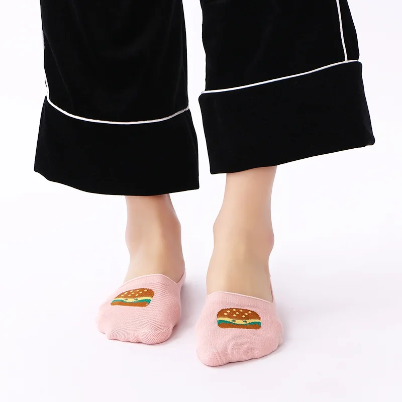 Новый хлопок мелкой женские невидимые носки яйцо Burger кофе еда узорчатой лодка