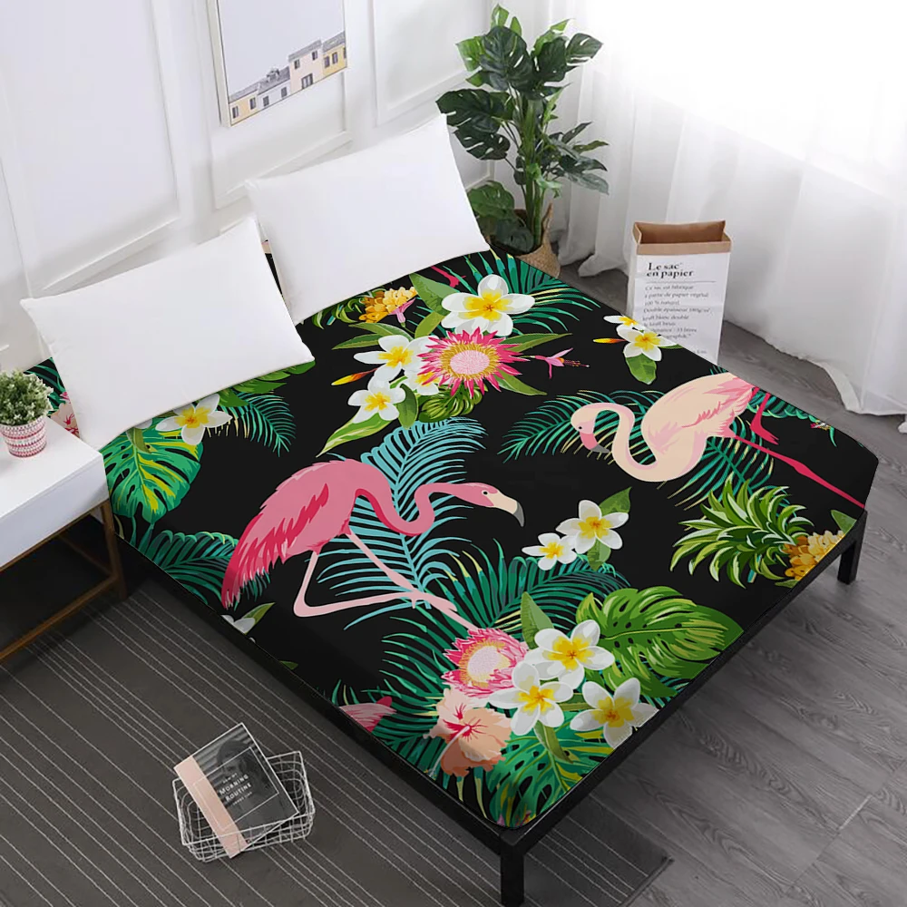 Green Leaves Bed Sheet Flamingo Flowers Print Fitted Sheet Soft Polyester Mattress Cover Elastic Band Home