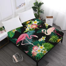 Green Leaves Bed Sheet Flamingo Flowers Print Fitted Sheet Soft Polyester Mattress Cover Elastic Band Home