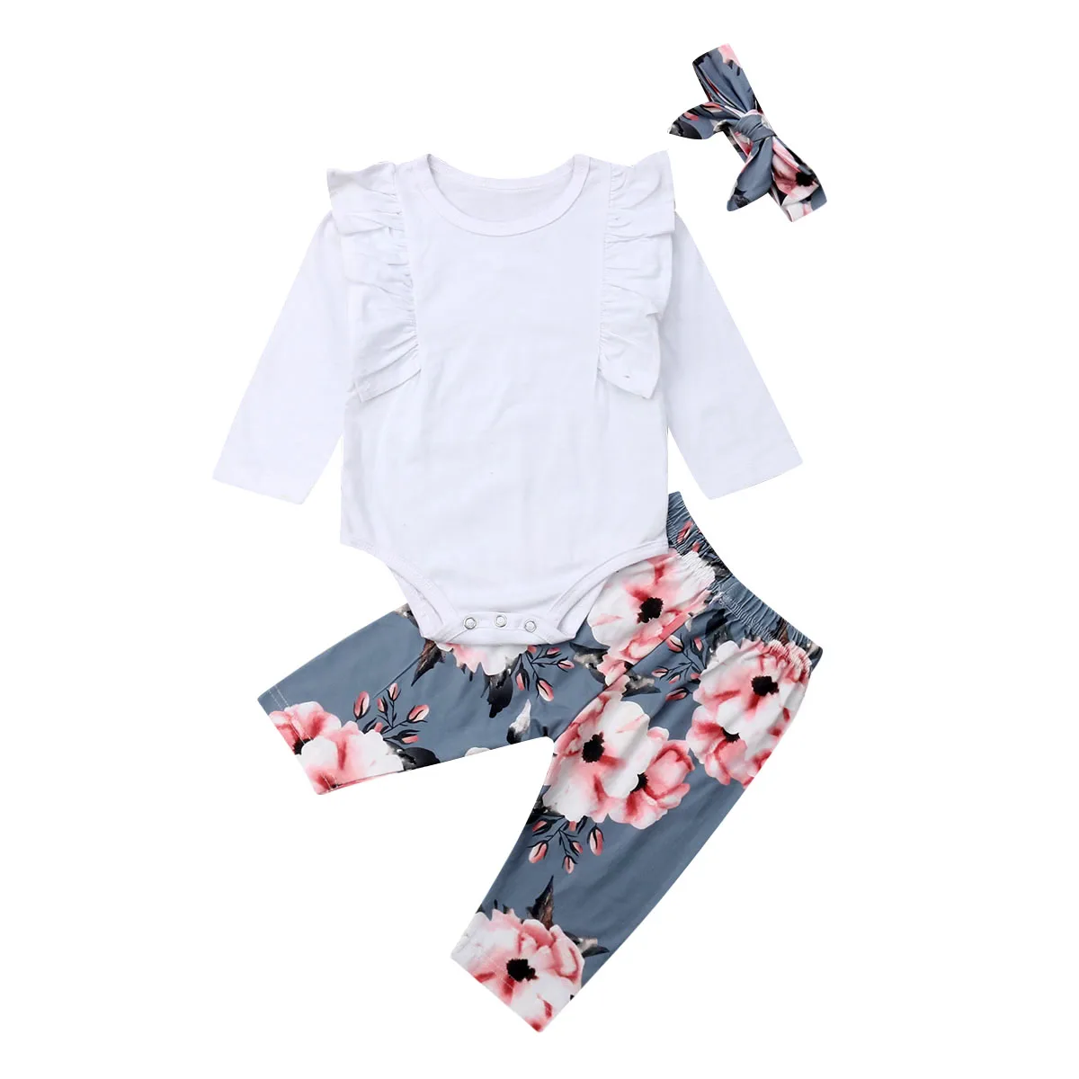 Одежда для новорожденных девочек, рюшами, сплошной цвет, верхний комбинезон+ штаны с цветочным принтом+ повязка на голову, 3 предмета, пляжный костюм, одежда
