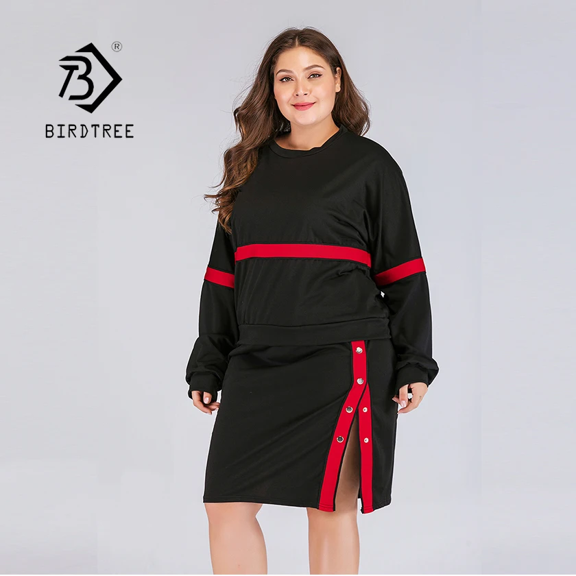 

2019 Women's Plus Size Skirt Suit O Neck Pullover High Elastic Waist Side Button Skirt Black Red 2 Piece Loose Set 4XL T92702F