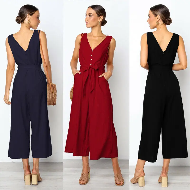 

Summer Women Clothes Casual Loose Sleeveless V Neck Solid Sexy Jumpsuit Rompers Playsuit Ladies Casual Holiday Clothes