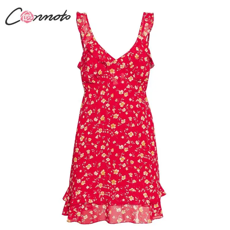 Conmoto милое винтажное шифоновое короткое платье с цветочным принтом для женщин летнее модное тонкое платье с рюшами для женщин шикарное праздничное платье Vestidos - Цвет: Красный