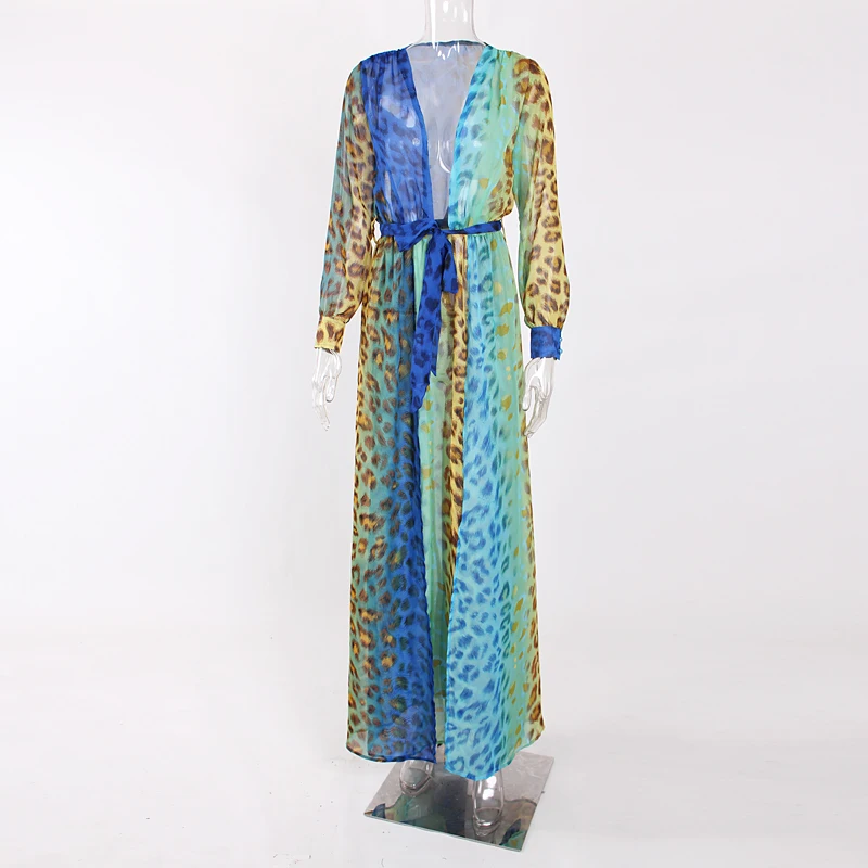 Сексуальное летнее Пляжное Платье макси с 2 разрезами и синим леопардовым принтом, богемные вечерние платья с глубоким v-образным вырезом и длинным рукавом