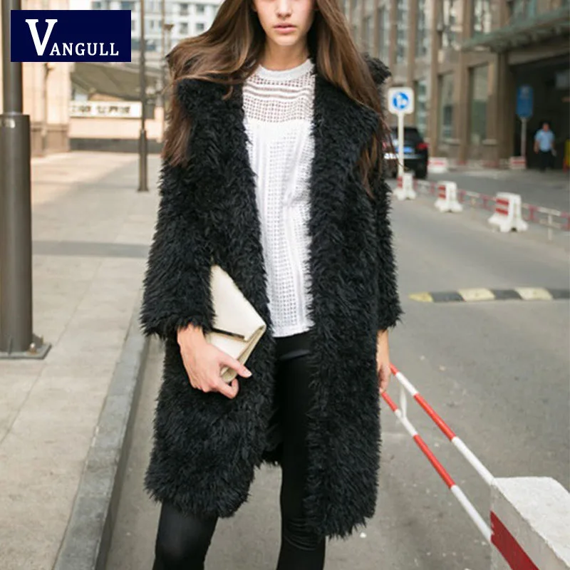 Женское зимнее меховое пальто, куртка для девушек, Элегантное длинное пальто, приталенный костюм с воротником, длинный стиль, модная Женская Осенняя верхняя одежда VANGULL - Цвет: black