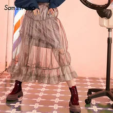 Samstree Vintage Mesh Sweet Women Skirts, Autumn Fashion Mid Waist A-Line Female Skirt Gray Elegant Office Lady Bottoms