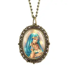Unique Virgin Mary Necklace Quartz Pocket Watch Mother Mary Catholic Religious Pendant Gifts Necklace Women as Best Collectibles