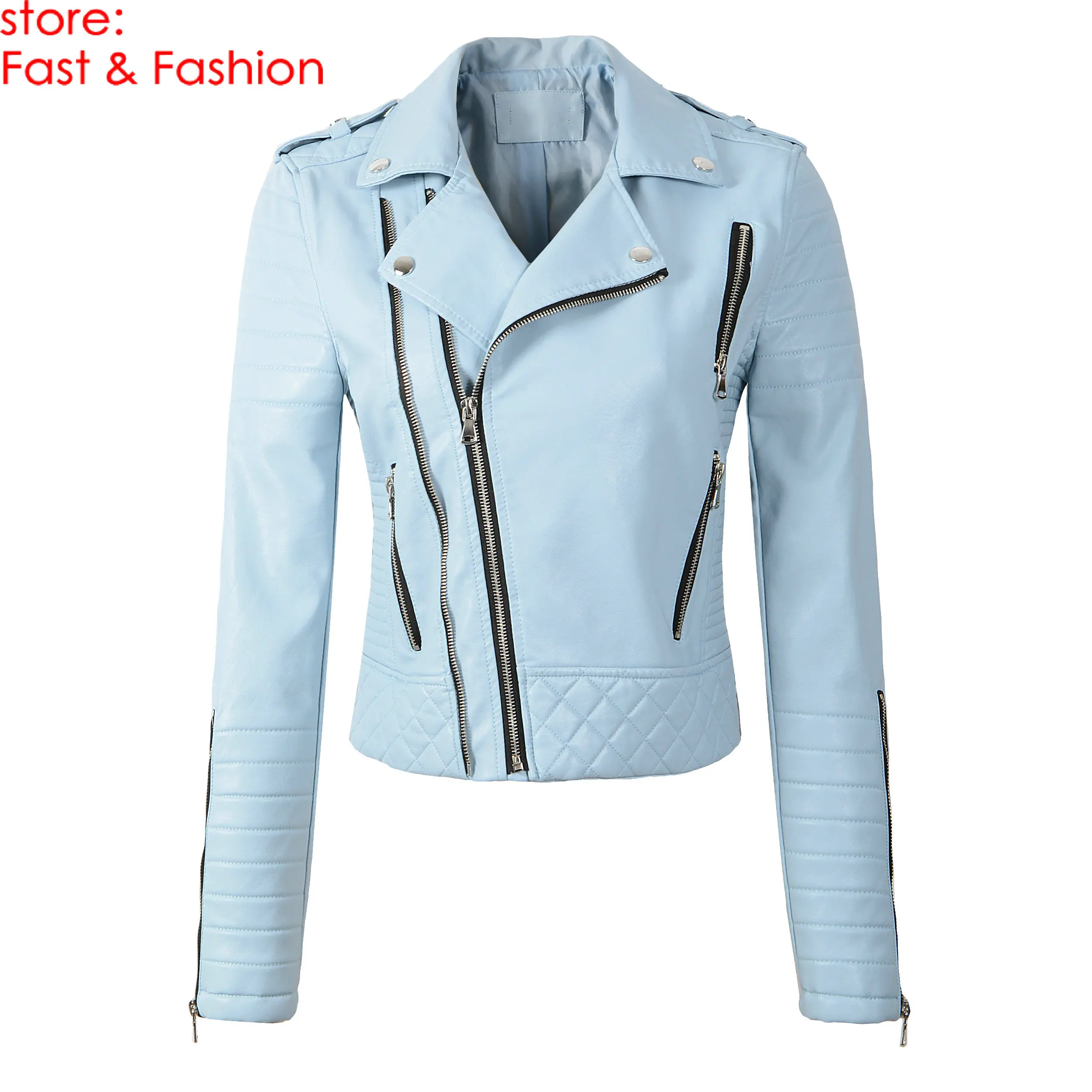 Online 2020 nueva moda mujer primavera otoño suave Faux cuero chaquetas Lady Motorcyle cremalleras Biker azul abrigos negro prendas de vestir exteriores gran oferta