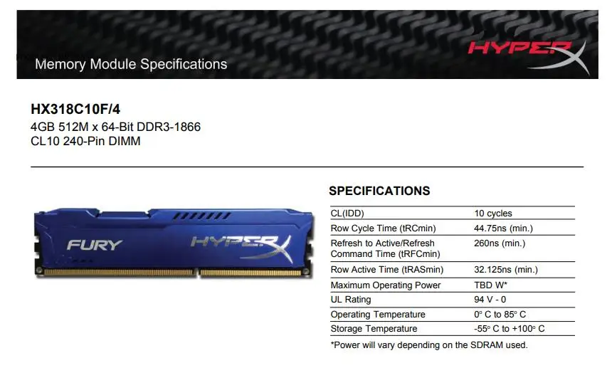 Kingston HyperX FURY 4GB 8GB 512M x 64-Bit DDR3-1866 1600 240-Pin DIMM