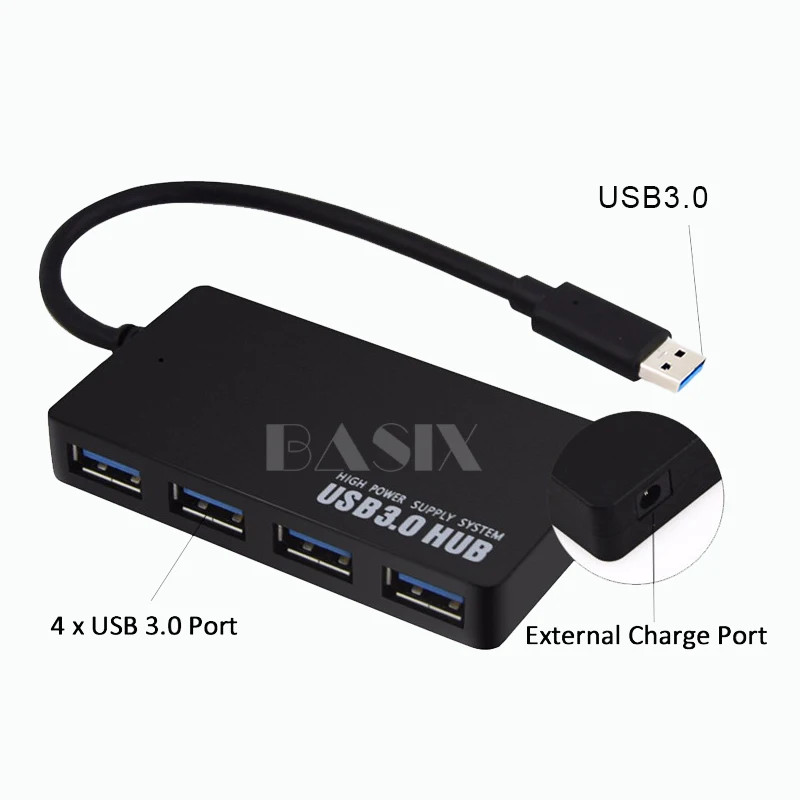 Basix Usb Hub 3,0 4 Порты и разъёмы USB 3,0 Hub Высокоскоростной адаптер Usb разветвитель с Мощность Порты и разъёмы адаптер для Mac ноутбука Тетрадь стационарного персонального компьютера