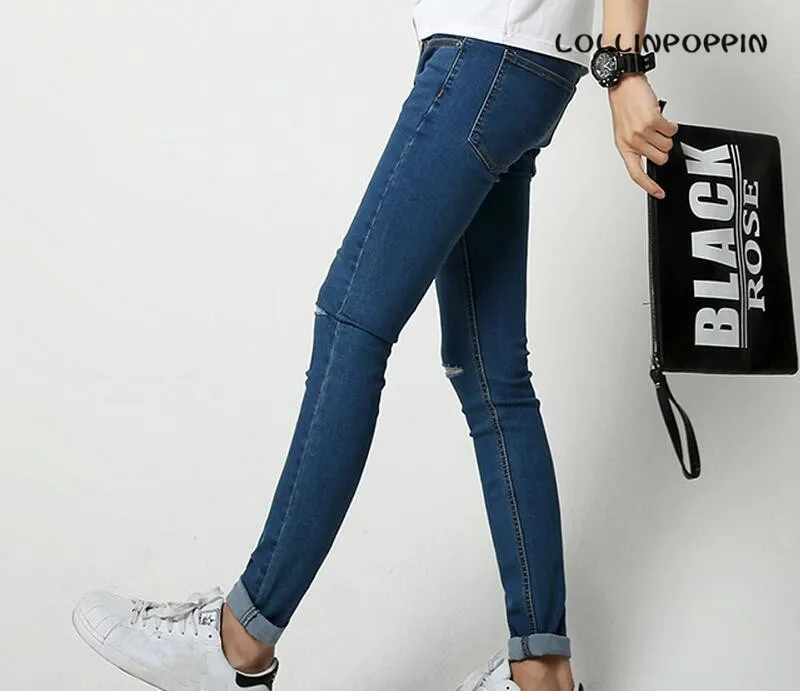 Рваные колени мужские обтягивающие джинсы Slim Fit Новый 2019 корейская мода дырочки джинсовые узкие брюки синий/черный/белый