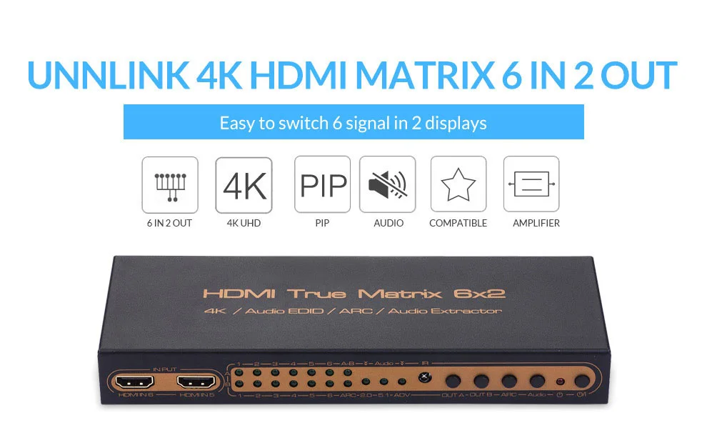 Unnlink HDMI матричный 6x2 коммутатор разветвитель 4 k@ 30Hz 6 в 2 Выход PIP аудио экстрактор HIFI 5,1 SPDIF Toslink 3,5 Jack ARC для ТВ коробки