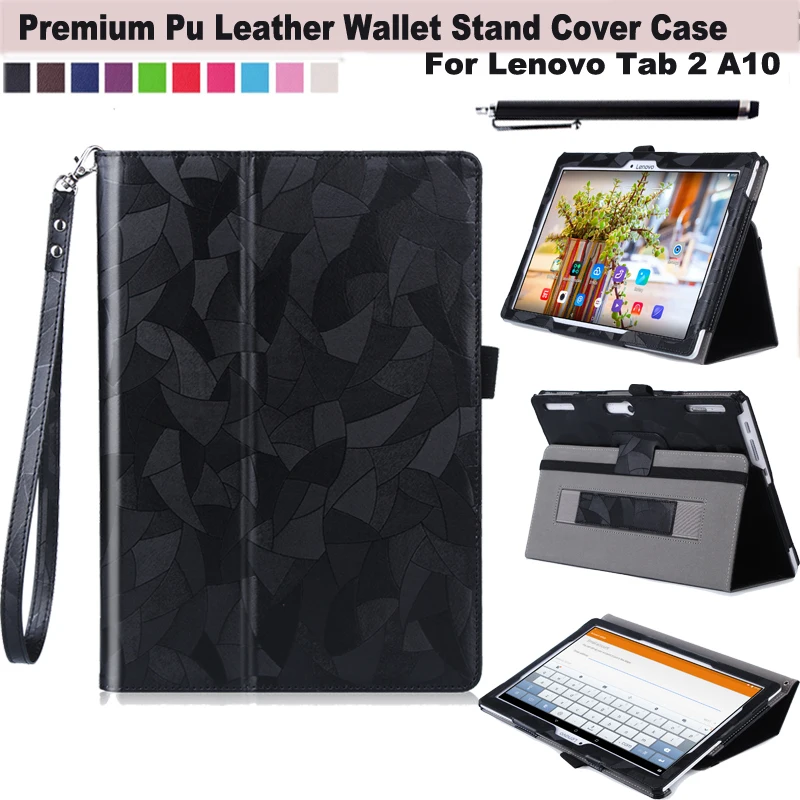 

For Lenovo Tab 2 A10-30 (TB2-X30F) Pu Leather Stand Folio Wallet Case w/ Wrist Wrap, Elastic Hand Strap, Multi-Angle, Card Holde
