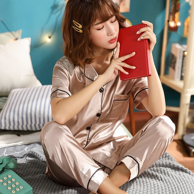 Short Sleeve Silk Pajamas Spring Women Summer Pajama Sets Silk Pijama Sleepwear Pyjamas Plus Size 3XL 4XL 5XL 85kg Nightwear Set 3