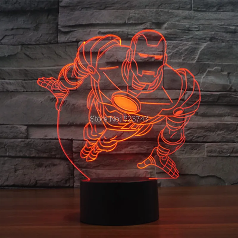 Бесплатная доставка 7 цветов Изменение Летающая Iron Man 3D Пластик светодиодный ночник с зарядное устройство usb настольная лампа для одежда