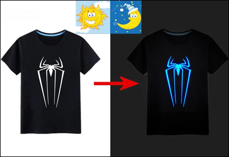 Детские футболки хлопок ночник для мальчиков и девочек паук флуоресцентная футболка детская одежда светящаяся летняя футболка Топы