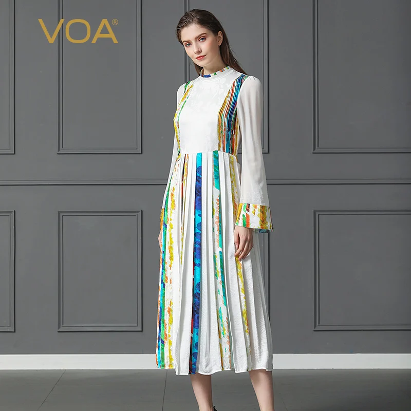 

VOA Heavy Silk Pleated Dress Women Pearl Clasp Plus Size 5XL Slim Flare Long Sleeve White Jacquard Boho Casual Party Print A317