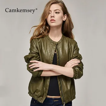 

CamKemsey Autumn Winter Soft PU Leather Jacket Women Casual O-Neck Long Sleeve Army Green Zipper Faux Leather Bomber Jacket