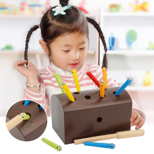 

Wooden magnetic fishing Catch insects game toy caterpillar shape pairing early education puzzle parent-child interactive toy
