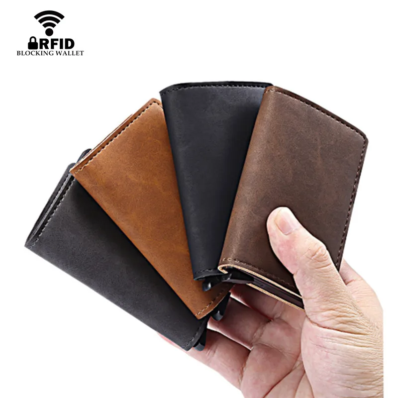

Hot Sale RFID Card Protection Men's Leather Card Case Mini Wallet RFID Blocking Aluminium ID Credit Card Holder For Man