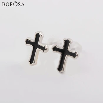 

BOROSA 10Pairs New 92.5% Pure Silver 9x10mm Cross Shape Black Paint Stud Earrings Jewelry for Women Gifts God Cross Studs WX1151