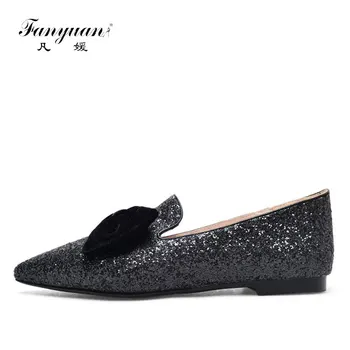 

Fanyuan High Quality Ladies Loafers Shoes Bling Butterfly-Knot Flat Shoes Women Pointed Toe Sexy Ladies Party Wear Shoes Silver
