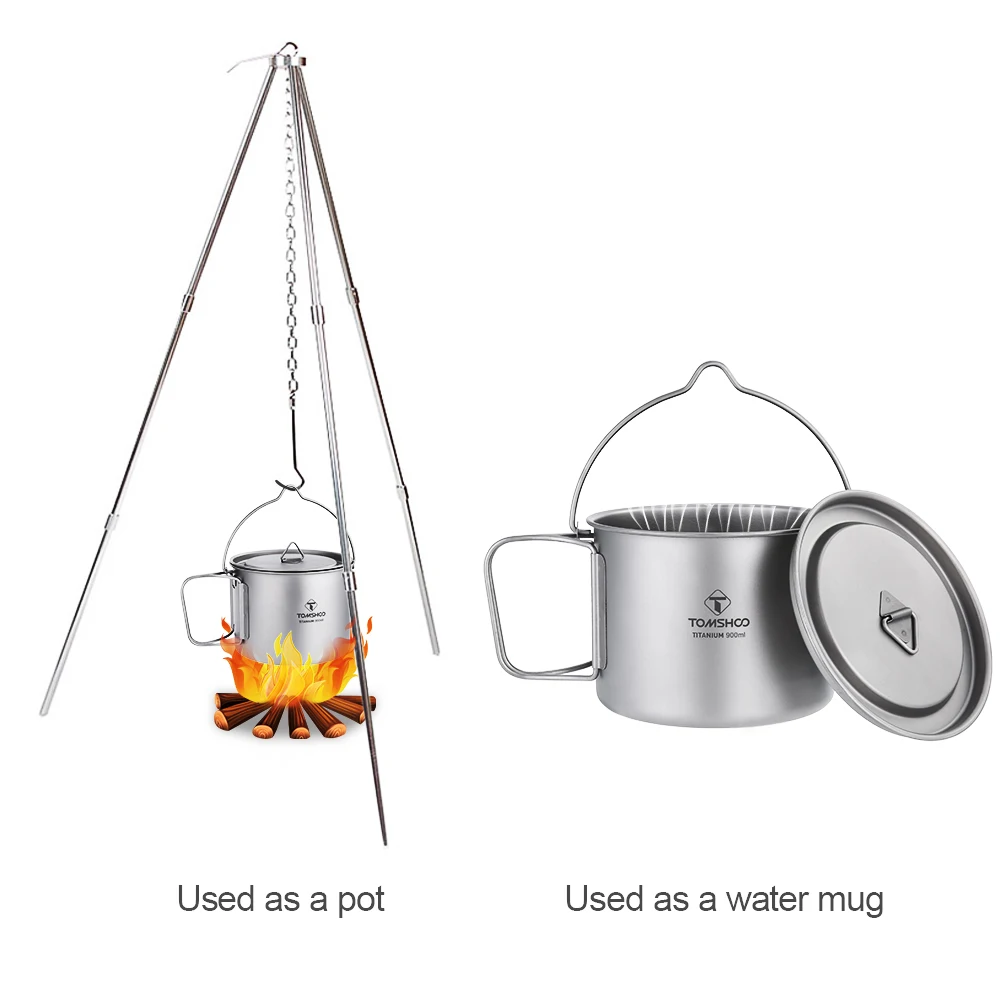 900ML Titanium Pot Portable Titanium Water Mug Cup with Lid and Foldable Handle for Outdoor Camping Cooking Picnic Tableware