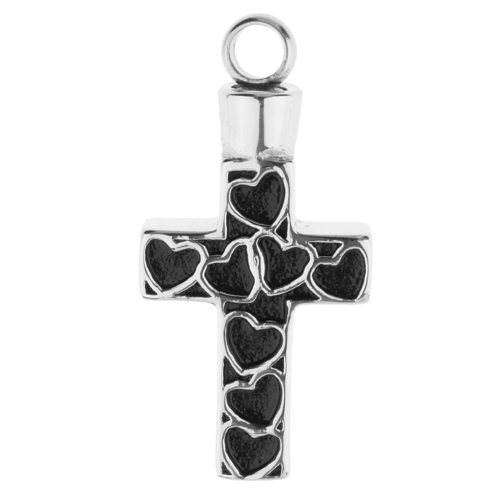 Cross Shape with Heart Pattern Stainless Steel Cremation Keepsake Pet Ash Urn Holder Pendant