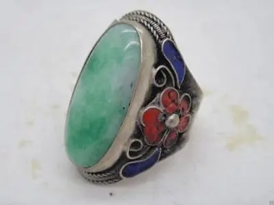 

Handmade Artificial Green Jade Tibetan Silver Enamel Flower Adjustable Ring