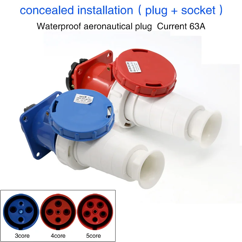 

Waterproof industrial plug socket 3core 4core 5core hole 63A connector darkly installed aviation socket