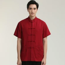 Лидер продаж однотонного красного цвета с воротником «Мандарин», "Китайский кун-фу" человек короткий рукав платье рубашки хлопчатобумажные Верхняя часть одежды M L XL XXL XXXL 2712