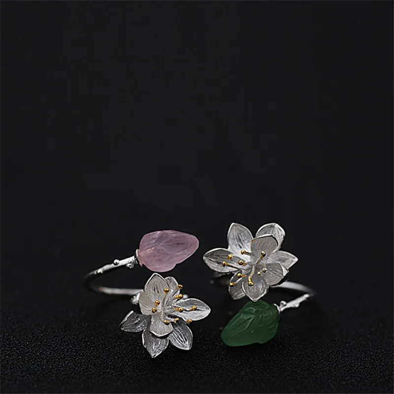 

S 925 Sterling Silver Natural Aventurine Gemstone Fine Jewelry Flower Ring Lotus Whispers Rings for Women Bijoux gift box