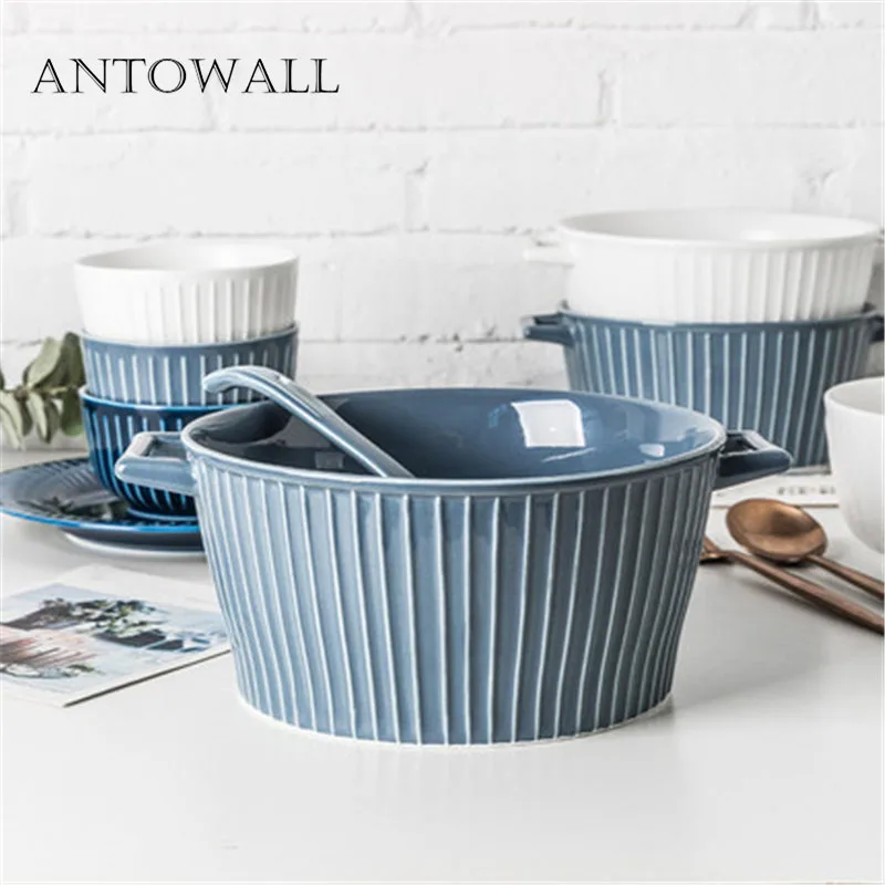 

ANTOWALL Nordic style household ceramic large double ear soup bowl anti-hot matte glazed bowl dish Hepburn